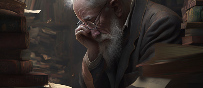 a sad book collector is thinking something - Upscaled by @tabarsun (fast)